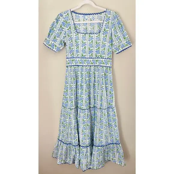 Pink City Prints Cotswolds Blue Border Evelyn Midi Block Tiered Dress Tuckernuck - Picture 6 of 11